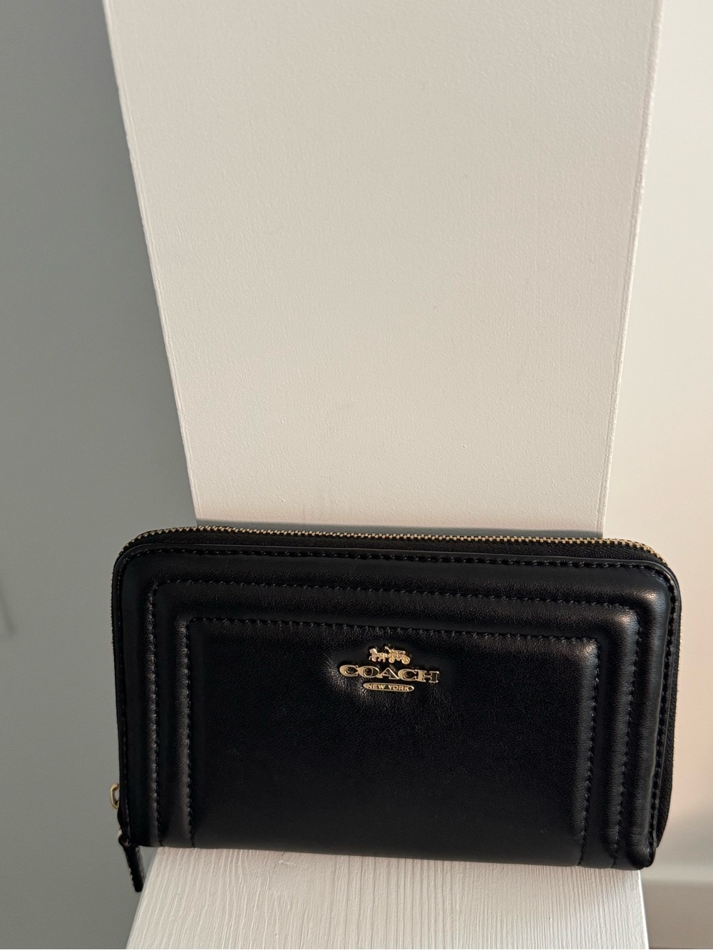 Coach Black Leather Medium Zip-Around Wallet with Gold Logo